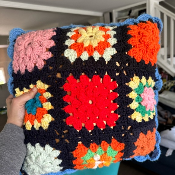 Vintage Crochet Granny-square & Satin Accent Pillow - Picture 2 of 6